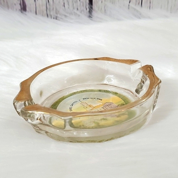 Vintage Tennessee Nashville State Capital Gold Tone Crystal Ashtray Felt Bottom - Picture 5 of 12